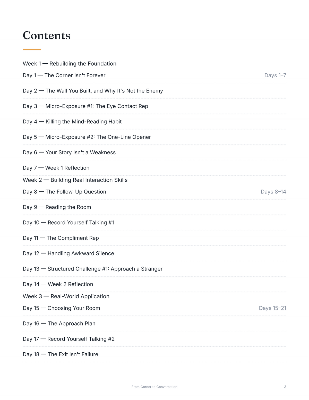 Workbook contents page listing all 30 days