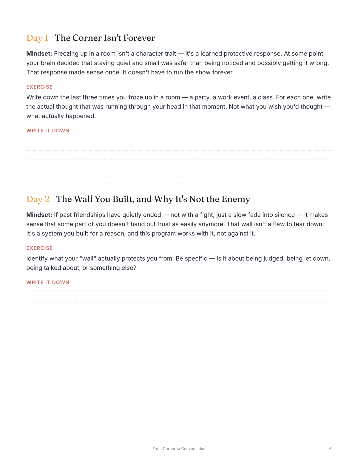 Sample pages: Day 1 and Day 2 with mindset, exercise and writing space